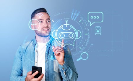 Photo for Smiling handsome businessman wearing casual wear holding smartphone and touching digital interface with virtual robot chat bot, pie diagram. Concept of artificial intelligence, internet communication - Royalty Free Image