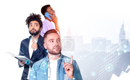 Foto de Multinational businessmen students working with smartphone, finger point and thinking. Double exposure, network hologram and circuit of connection, cityscape silhouette - Imagen libre de derechos