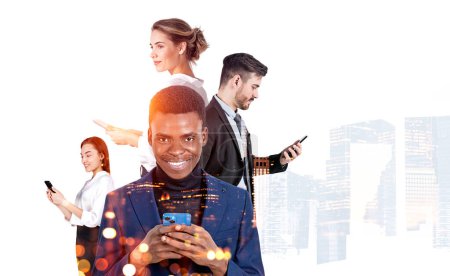 Foto de Multinational business people working with phone in hands, happy and smiling portraits, business skyscrapers double exposure. Concept of teamwork and conference - Imagen libre de derechos
