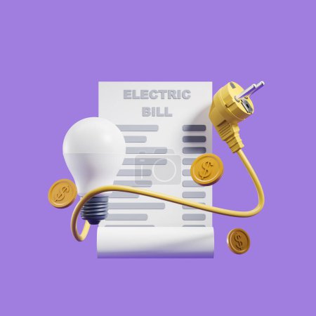 Téléchargez les photos : Yellow power cable and electrical bill with lightbulb and gold coins, purple background. Concept of power and payment. 3D rendering - en image libre de droit