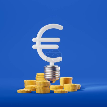 Foto de Abstract euro light bulb and stack of gold coins, blue background. Concept of electricity and high price. 3D rendering - Imagen libre de derechos
