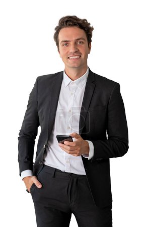 Foto de Happy businessman using phone, looking at the camera. Isolated over white background. Concept of social media and business network - Imagen libre de derechos