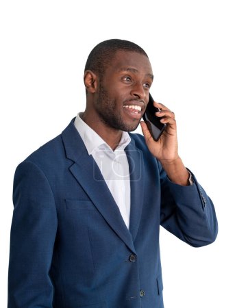Photo for Smiling businessman calling on the phone, portrait in blue formal suit isolated over white background. Concept of network and business communication - Royalty Free Image
