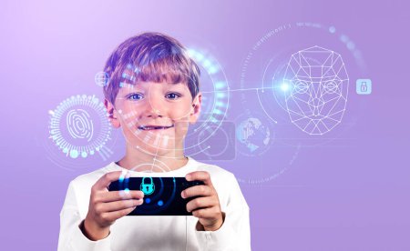 Téléchargez les photos : Smiling child with phone in hands, portrait with digital biometric scanning hologram. Cybersecurity and fingerprint. Concept of machine learning - en image libre de droit