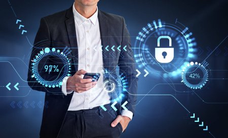 Foto de Businessman working with phone in hands, double exposure with padlock and percentage circles with arrows. Concept of data statistics and security - Imagen libre de derechos