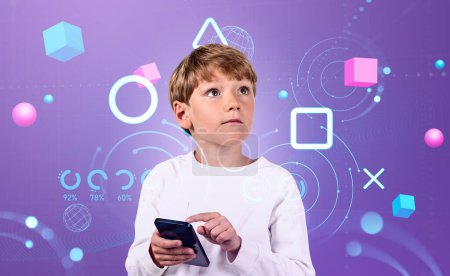 Foto de Child boy finger touch phone, metaverse digital hud hologram with geometric figures and data statistics on purple background. Concept of virtual reality - Imagen libre de derechos