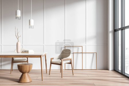 Téléchargez les photos : Front view on bright dining room interior with table, armchairs, panoramic window, books, coffee table, white wall, wooden hardwood floor. Concept of minimalist design. Place for meeting. 3d rendering - en image libre de droit