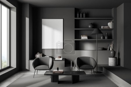 Téléchargez les photos : Dark living room interior two armchairs and shelf with art decoration, carpet on grey concrete floor. Panoramic window on countryside. Mock up canvas poster. 3D rendering - en image libre de droit