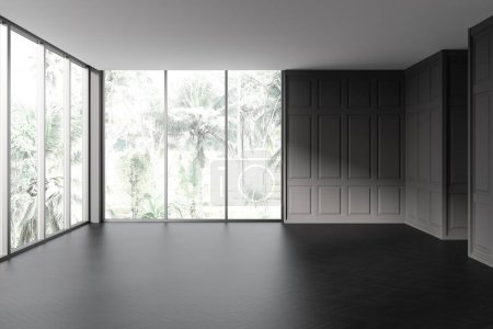 Foto de Dark empty living room interior with black hardwood floor, no furniture and grey molding wall. Panoramic window on tropics. 3D rendering - Imagen libre de derechos