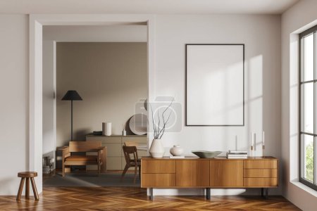 Photo for White living room interior two armchairs and dresser on hardwood floor. Panoramic window on tropics. Mock up canvas poster. 3D rendering - Royalty Free Image