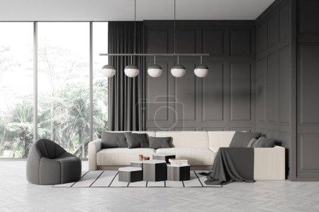 Téléchargez les photos : Dark living room interior with sofa, armchair and coffee table on carpet, grey hardwood floor. Stylish relaxing area with panoramic window on tropics. 3D rendering - en image libre de droit