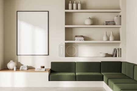 Foto de Front view on bright living room interior with empty white poster, sofa, shelf with books and crockery, white wall, concrete floor. Minimalist design. Place for meeting. Mock up. 3d rendering - Imagen libre de derechos
