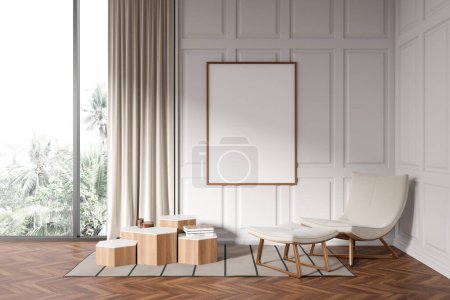 Photo for Front view on bright living room interior with empty white poster, armchair, panoramic window, books, white wall, coffee table, oak wooden hardwood floor. Concept of minimalist design. 3d rendering - Royalty Free Image