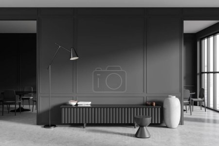 Foto de Dark living room interior with sideboard and decoration, grey concrete floor. Dining table and chairs on background, arch door and panoramic window. Copy space molding wall. 3D rendering - Imagen libre de derechos