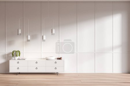 Téléchargez les photos : Bright empty room interior with empty white wall, sideboard with books and crockery, oak wooden floor. Concept of spacious place made for creative idea. 3d rendering - en image libre de droit
