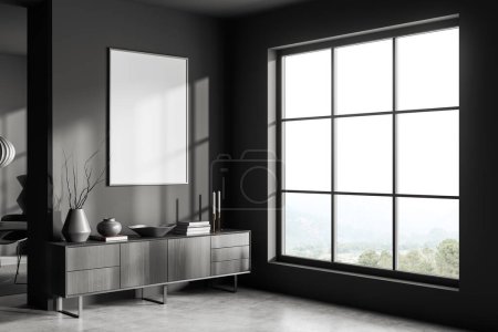 Téléchargez les photos : Corner view on dark living room interior with empty white poster, panoramic window, sideboard with crockery, grey wall, concrete floor. Concept of minimalist design. Place for meeting. 3d rendering - en image libre de droit