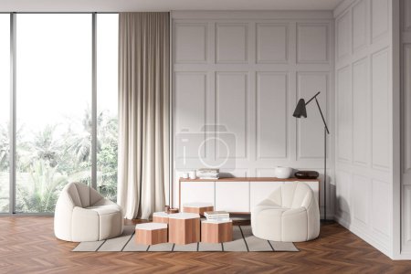 Téléchargez les photos : White living room interior with two armchairs, carpet on hardwood floor. Sideboard and coffee table with art decoration. Panoramic window on tropics. 3D rendering - en image libre de droit