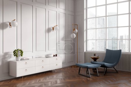 Téléchargez les photos : Corner view on bright living room interior with armchair, sideboard, crockery, books, white wall, coffee table, oak wooden hardwood floor. Concept of minimalist design. Place for relax. 3d rendering - en image libre de droit