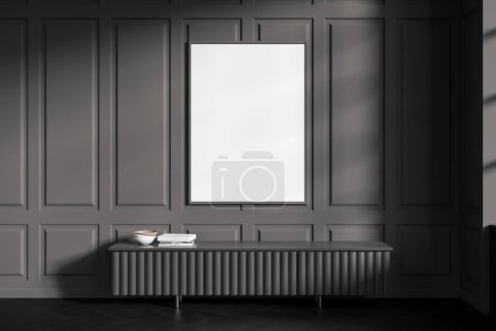 Photo for Front view on dark living room interior with empty white poster, closet with crockery and books, grey wall, oak wooden hardwood floor. Concept of minimalist design. Mock up. 3d rendering - Royalty Free Image