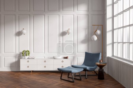 White living room interior with armchair and bench, sideboard on hardwood floor. Modern art decoration and panoramic window. 3D rendering