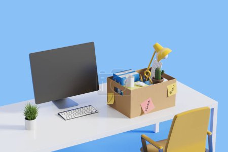 Photo for Workspace with mock up pc computer screen and packed cardboard box, office supplies with stickers on blue background. Concept of moving and job change. 3D rendering - Royalty Free Image