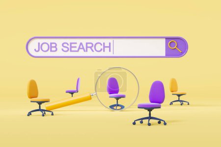 Photo for Job search written in a web bar, magnifying glass zoom in office armchair. Concept of vacancy and job finding. 3D rendering - Royalty Free Image