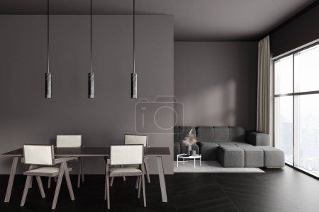 Téléchargez les photos : Dark living room interior with dining table and chairs, black hardwood floor. Sofa in the corner near panoramic window on city view. 3D rendering - en image libre de droit