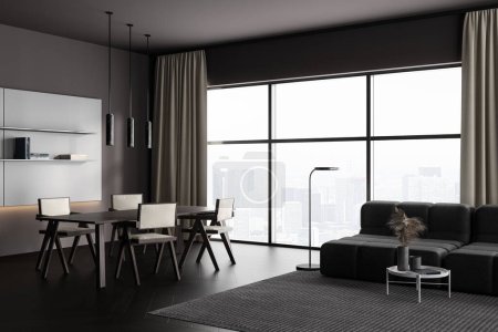 Foto de Dark meeting room interior with dining table and chairs, side view sofa with coffee table on carpet, black hardwood floor. Panoramic window on skyscrapers. 3D rendering - Imagen libre de derechos