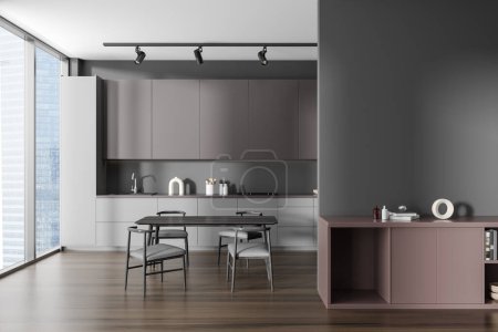 Téléchargez les photos : Front view on dark modern kitchen room interior with dining table, armchairs, panoramic window, grey wall, oak wooden floor, sink, sideboard, gas cooker. Concept of minimalist design. 3d rendering - en image libre de droit