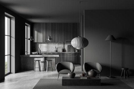 Téléchargez les photos : Front view on dark studio room interior with armchairs, island, barstools, grey wall, cupboard, coffee table with books, carpet, panoramic window, concrete floor. Minimalist design. 3d rendering - en image libre de droit