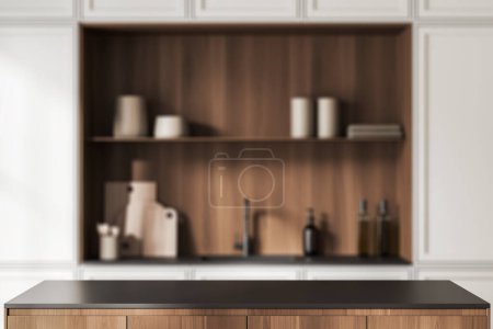 Téléchargez les photos : Front view on bright kitchen room interior with good display for advertisement, cupboard, white wall, cooking inventory, desks. Concept of minimalist design. 3d rendering - en image libre de droit