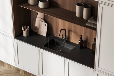 Téléchargez les photos : Top view of beige kitchen interior with sink and deck with minimalist kitchenware. Cooking corner on hardwood floor. 3D rendering - en image libre de droit