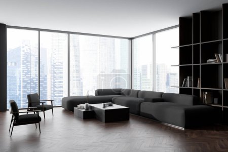 Téléchargez les photos : Dark living room interior with sofa, two armchairs and coffee table, side view. Grey soft place with shelf and panoramic window on Singapore skyscrapers. 3D rendering - en image libre de droit