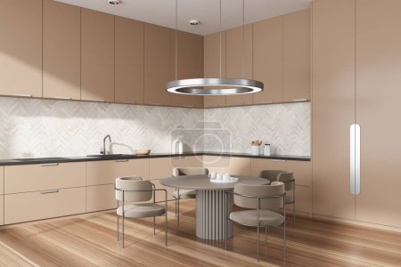 Téléchargez les photos : Beige kitchen interior with chairs and dining table on hardwood floor, side view. Cooking corner with hidden shelves and kitchenware with fridge. 3D rendering - en image libre de droit