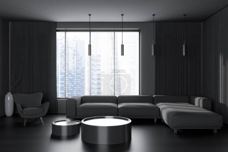 Téléchargez les photos : Dark living room interior with sofa and armchair, coffee table on black hardwood floor. Meeting area with panoramic window on skyscrapers. 3D rendering - en image libre de droit