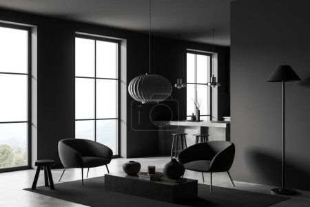 Téléchargez les photos : Dark studio interior with chill and dining space, bar island and stool side view. Two armchairs and coffee table with panoramic window on countryside. 3D rendering - en image libre de droit