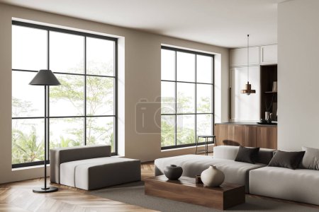 Téléchargez les photos : Beige studio interior with sofa and armchair on carpet, side view bar island with stool. Cooking corner with and panoramic window on tropics. 3D rendering - en image libre de droit