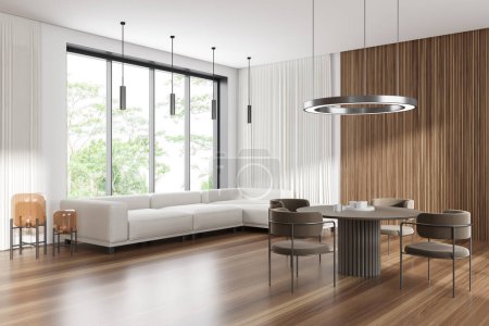 Photo for Stylish living room interior with dining table and chairs, side view. Sofa in the corner on hardwood floor. Panoramic window on tropics. 3D rendering - Royalty Free Image