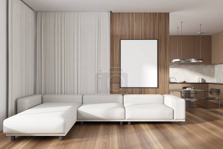 Photo for Front view on bright studio interior with empty white poster, sofa, dining table, white wall, oak wooden hardwood floor. Concept of minimalist design. Mock up. 3d rendering - Royalty Free Image