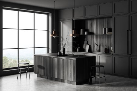 Photo for Stylish dark kitchen interior with bar island and stool, side view. Cabinet shelves with kitchenware near panoramic window on countryside. 3D rendering - Royalty Free Image