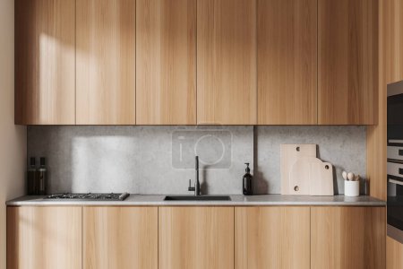 Téléchargez les photos : Wooden kitchen interior with sink and stove, minimalist kitchenware with dishes and wooden shelves. Cozy cooking corner with hidden design. 3D rendering - en image libre de droit