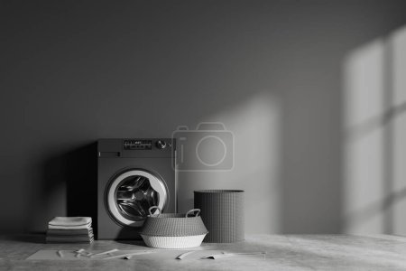 Photo for Dark laundry room interior with empty grey wall, washing machine, carpet, basket, tidy towels, concrete floor. Concept of spacious place made for creative idea. 3d rendering - Royalty Free Image