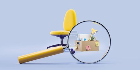 Photo for Yellow office armchair with magnifying glass on cardboard box, office supplies and employee stuff packed for moving. Concept of firing and dismissal. 3D rendering - Royalty Free Image