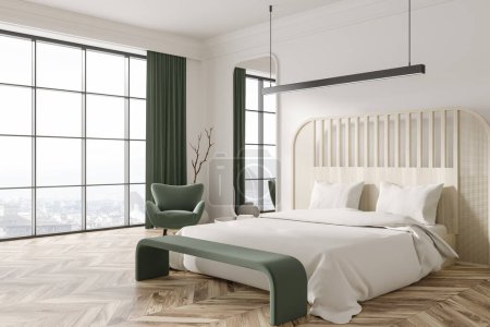 Téléchargez les photos : White hotel bedroom interior bed and green armchair, side view. Panoramic window on Florence city view. Minimalist decoration and hardwood floor. 3D rendering - en image libre de droit