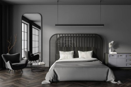 Téléchargez les photos : Dark bedroom interior bed and armchair, tall mirror and coffee table with decor. Dresser on hardwood floor and panoramic window. 3D rendering - en image libre de droit
