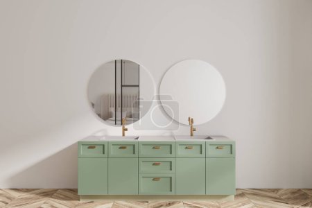 Photo for Front view on bright bathroom interior with double sink, two round mirrors with reflection, white walls, oak wooden hardwood floor. Concept of water treatment. 3d rendering - Royalty Free Image