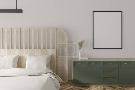 Téléchargez les photos : Cozy bedroom interior bed and green dresser with decoration, white beddings and lamp. Mock up canvas poster. 3D rendering - en image libre de droit