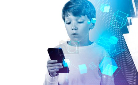 Boy wearing casual wear holding smartphone and watching at metaverse reality with blockchain system. White background with skyscraper. Concept of modern technology and progressive currency in business