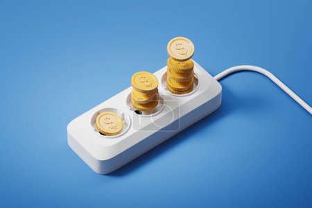 Foto de Multi socket with gold coins, blue background. Concept of energy and high price. 3D rendering - Imagen libre de derechos