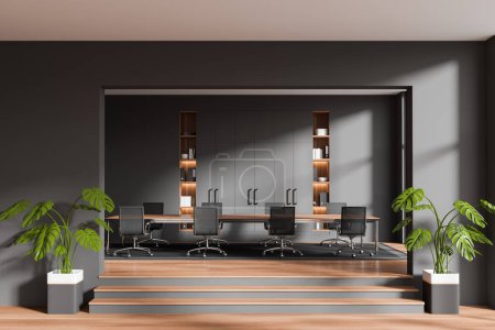 Téléchargez les photos : Dark business room interior with conference zone on podium, board and armchairs on carpet. Office conference room and shelf with documents. 3D rendering - en image libre de droit
